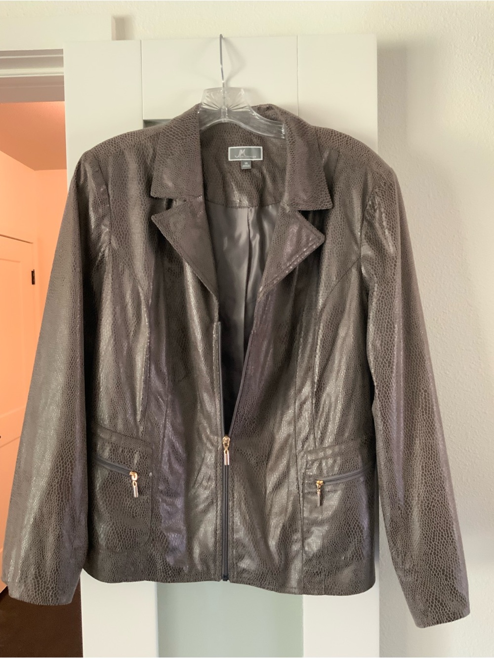 JM Collection Dark Brown Textured Faux Leather Zip Jacket